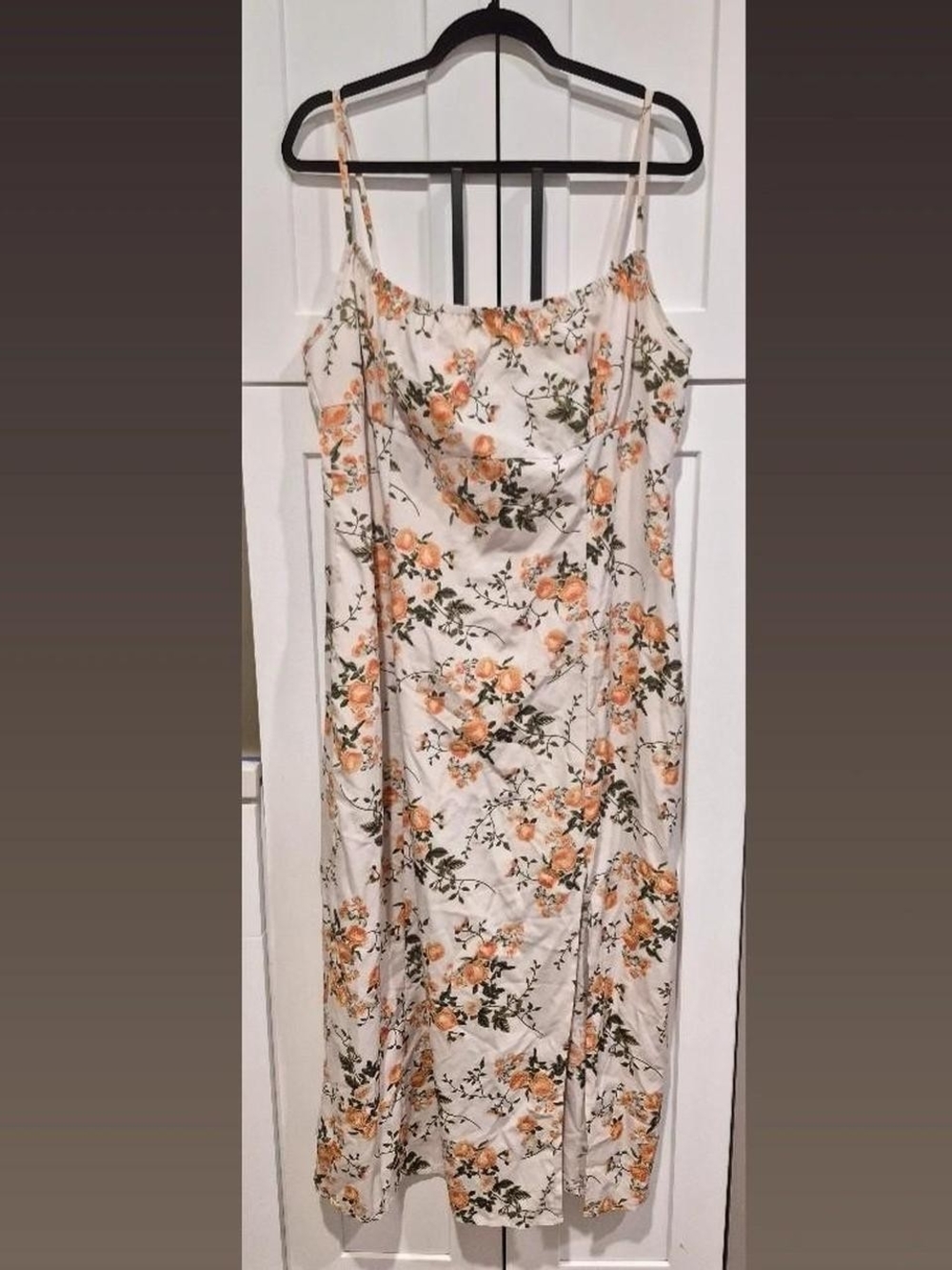 Cream Peach Floral Print  Maxi Slip Dress with A Side Slit